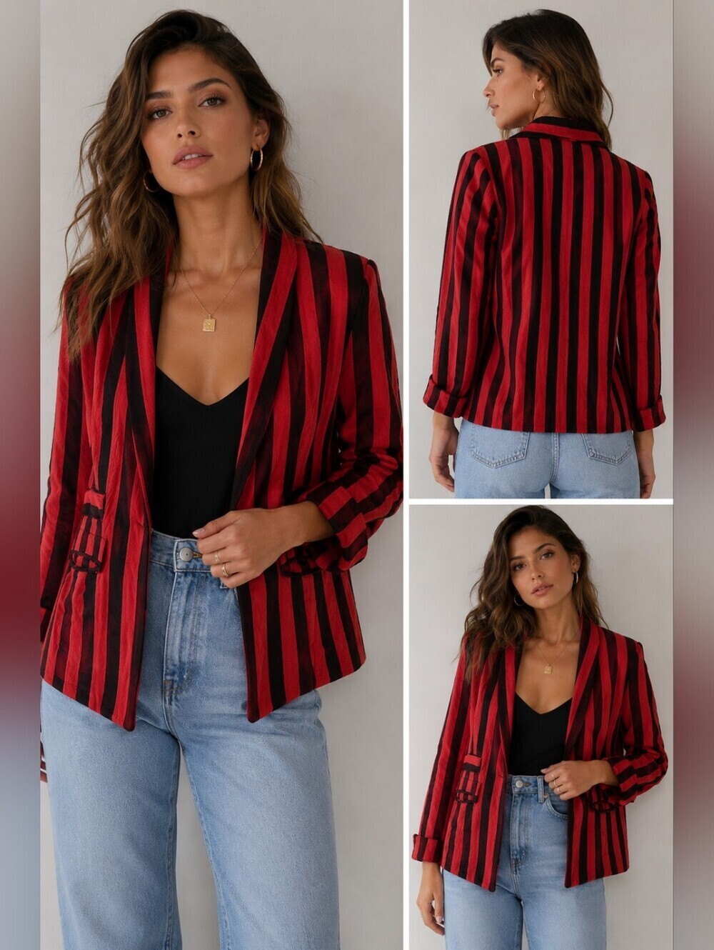 L'ACADEMIE The Jules Linen blend striped Blazer in red/black. Size XXS